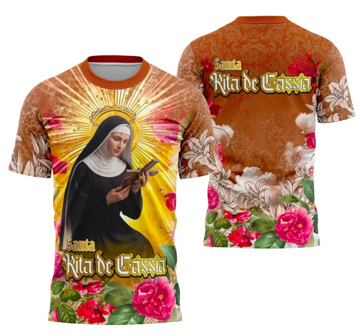 Camiseta unissex preta com logo no peito e estampa grande nas costas com tema Santa Rita de Cássia, trazendo fé e devoção na roupa ideal para religiosos e devotos.