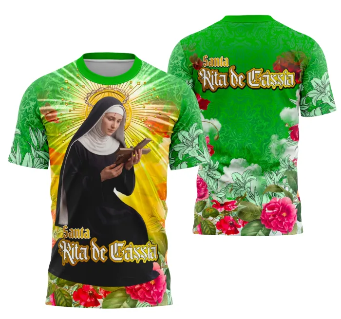 Camiseta unissex preta com logo no peito e estampa grande nas costas com tema Santa Rita de Cássia, trazendo fé e devoção na roupa ideal para religiosos e devotos.