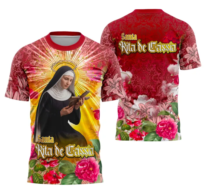 Camiseta unissex preta com logo no peito e estampa grande nas costas com tema Santa Rita de Cássia, trazendo fé e devoção na roupa ideal para religiosos e devotos.