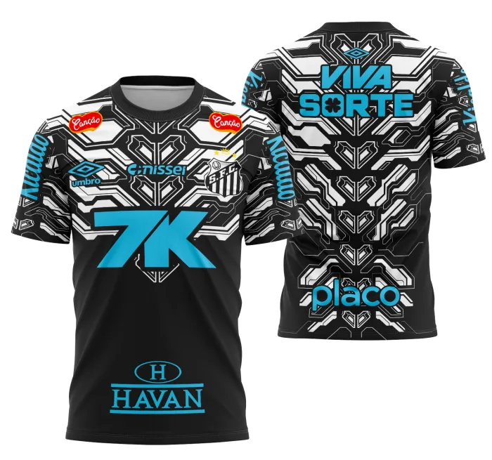 Camiseta unissex branca com logo do Santos FC no peito e estampa grande nas costas destacando o conceito 2026, design moderno e atraente, ideal para fãs do time.