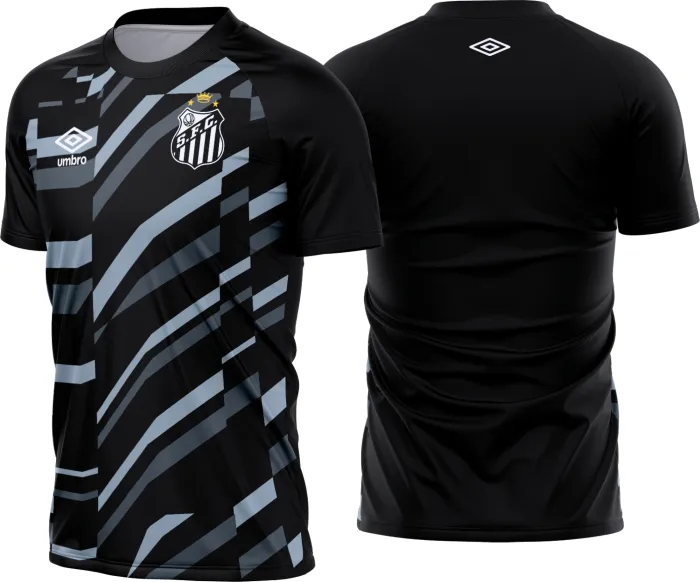 Foto de camiseta preta unissex com logo no peito e estampa grande nas costas do Santos Pré-Jogo 2026-2027, perfeita para fãs e colecionadores