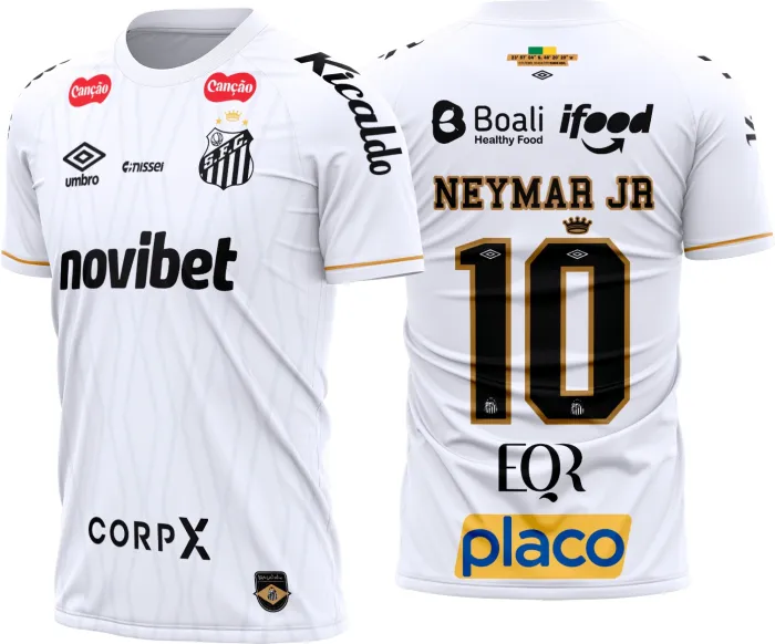 Camiseta unissex preta com logo do Santos FC no peito e estampa grande nas costas da camisa titular 2026-27, ideal para fãs do time e estilo esportivo autêntico.