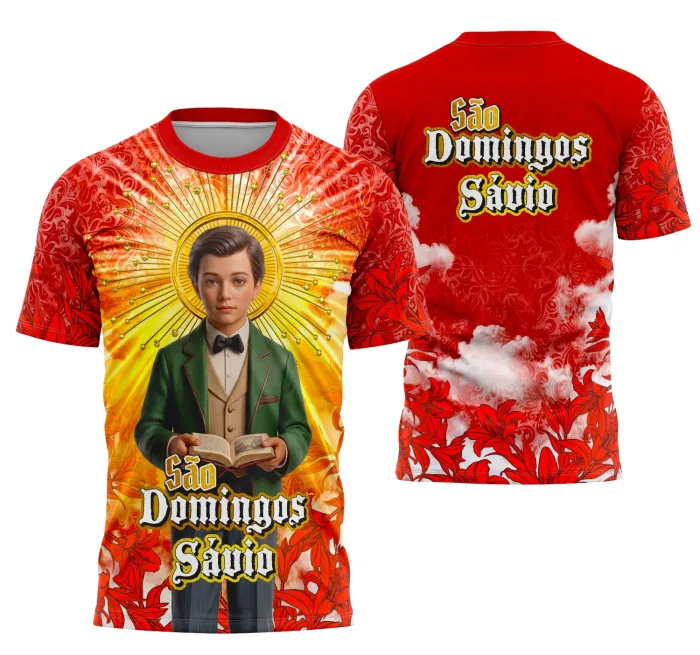 Camiseta unissex branca com logo no peito e estampa grande nas costas do São Domingos Sávio em tema religioso, ideal para fãs da fé católica e eventos religiosos.
