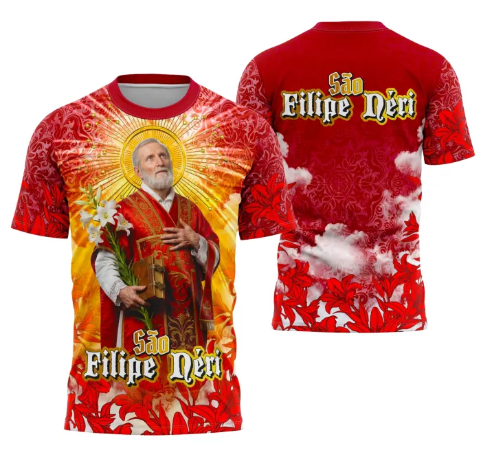 Camiseta unissex preta com logo no peito e estampa grande nas costas temática de São Filipe Néri e religião, perfeita para quem valoriza fé e devoção em estilo confortável e moderno.