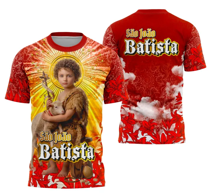 Camiseta unissex branca com logo no peito e estampa grande nas costas com tema São João Batista Religião, ideal para quem busca fé e estilo em uma peça confortável.