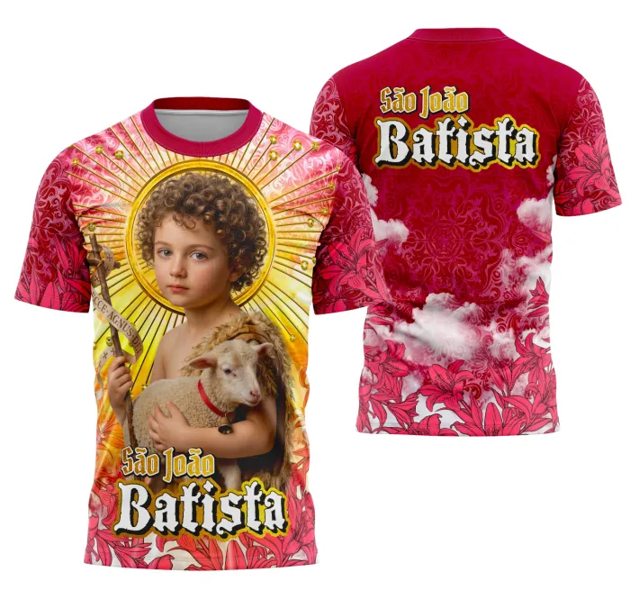 Camiseta unissex preta com logo no peito e estampa grande nas costas de São João Batista, temática religiosa cristã, ideal para ocasiões festivas e devocionais.