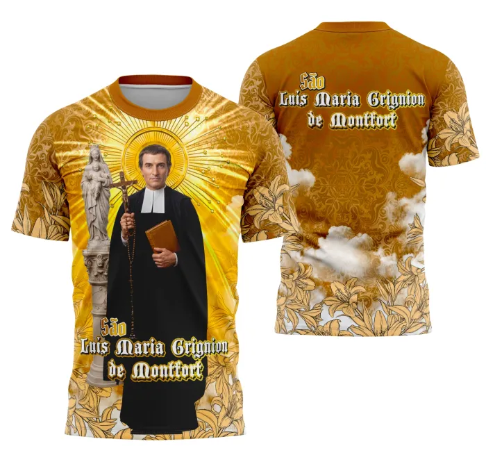 Camiseta unissex preta com logo no peito e estampa grande nas costas do São Luís Maria Grignion de Montfort, simbolizando fé e devoção religiosa.