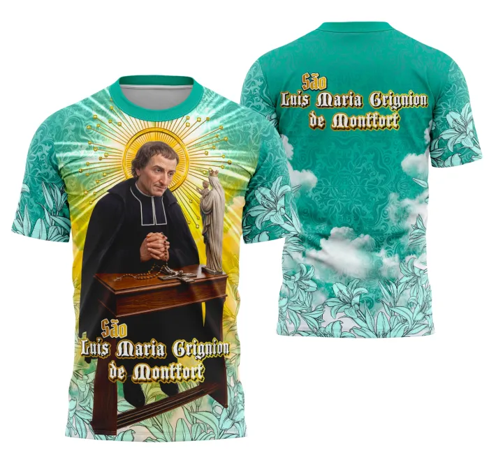 Camiseta unissex preta com logo no peito e estampa grande nas costas do São Luís Maria Grignion de Montfort, simbolizando fé e devoção religiosa.