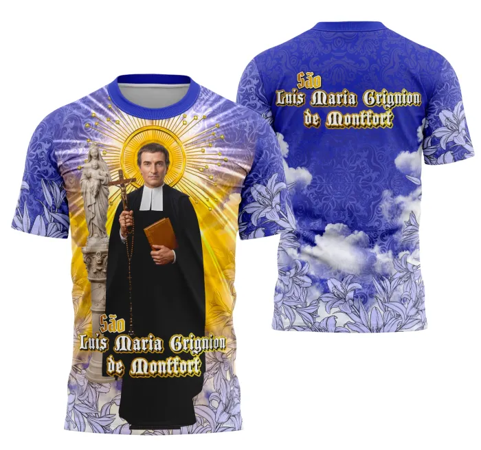 Camiseta unissex preta com logo no peito e estampa grande nas costas do São Luís Maria Grignion de Montfort, simbolizando fé e devoção religiosa.