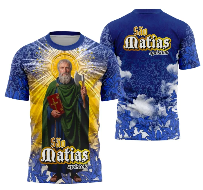 Foto de camiseta unissex preta com logo no peito e estampa grande nas costas com tema São Matias Religioso, ideal para quem busca estilo com significado espiritual.