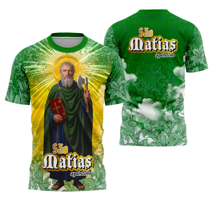 Foto de camiseta unissex preta com logo no peito e estampa grande nas costas com tema São Matias Religioso, ideal para quem busca estilo com significado espiritual.
