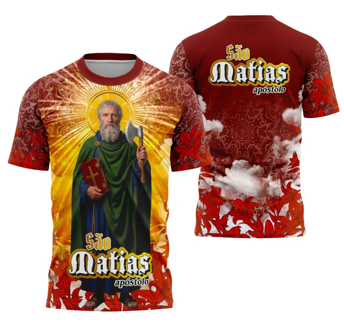 Foto de camiseta unissex preta com logo no peito e estampa grande nas costas com tema São Matias Religioso, ideal para quem busca estilo com significado espiritual.