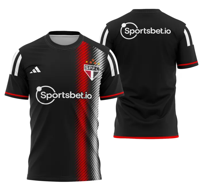 Camiseta unissex preta com logo do São Paulo no peito e estampa grande nas costas mostrando o design alternativo 2023-2024, perfeita para fãs do time que buscam estilo marcante e autenticidade.