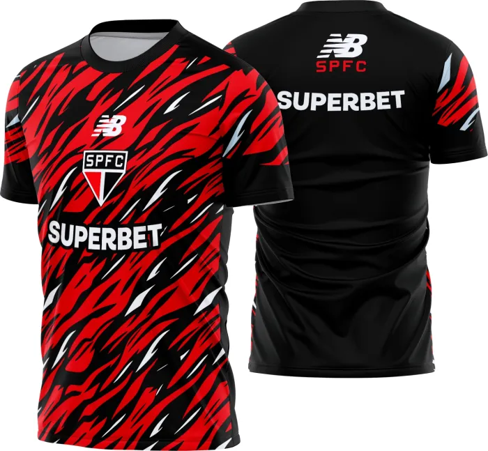 Camiseta unissex preta com logo no peito e estampa grande nas costas do São Paulo Pré-Jogo 2026 - 2027, ideal para torcedores que querem estilo e conforto em dia de jogo.