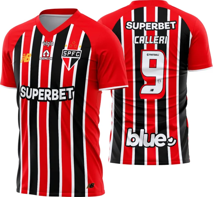 Camiseta unissex preta com logo do São Paulo no peito e estampa grande nas costas remetendo à temporada Reserva 2025-26, ideal para torcedores que buscam estilo e conforto no dia a dia.