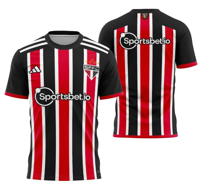 Camiseta unissex preta com logo no peito e estampa grande nas costas inspirada na camisa Sao Paulo Visita 2023-2024, ideal para fãs do time.
