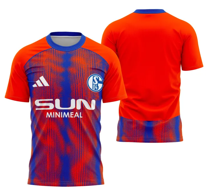 Camiseta unissex preta com logo no peito e estampa grande nas costas do Schalke 04 Terceiro Kit 25-26, perfeita para fãs e criadores de produtos esportivos.