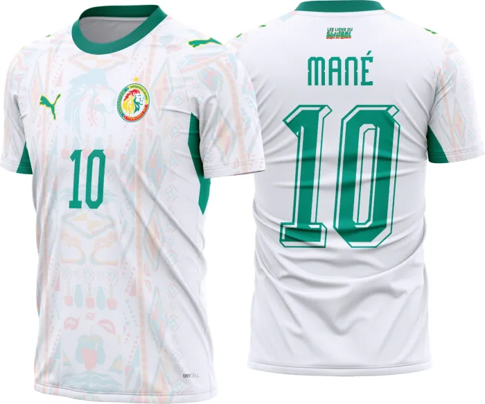 Camiseta unissex preta com logo no peito e estampa grande nas costas, tema Senegal Titular 2026 2028, visual moderno e esportivo, ideal para fãs do futebol africano.