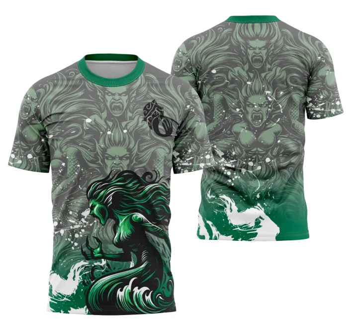 Camiseta unissex preta com logo no peito e estampa grande nas costas mostrando tema sereia interclasse, design vibrante e moderno para quem busca estilo único e atitude.