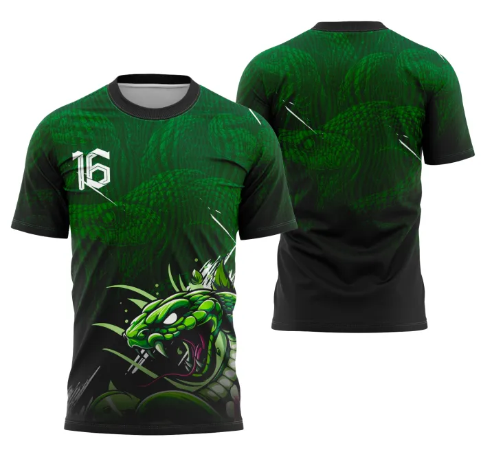 Camiseta unissex preta com logo no peito e estampa grande nas costas com tema Serpente da Coleção Interclasse, destacando estilo moderno e arrojado.