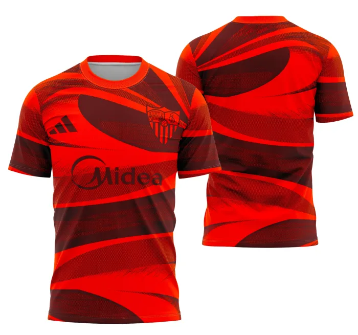 Camiseta unissex preta com logo no peito e estampa grande nas costas inspiradas no Sevilla Conceito 2025, com visual moderno e urbano, ideal para quem busca estilo e identidade vibrante.