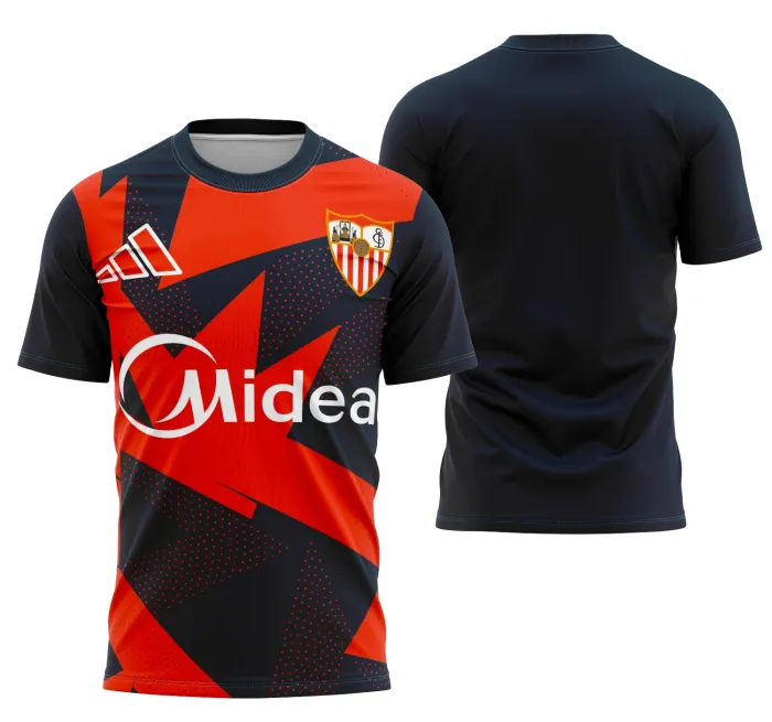 Camiseta unissex com base preta, logo do Sevilla FC no peito e estampa grande nas costas, destacando o tema Sevilla FC para torcedores e fãs.