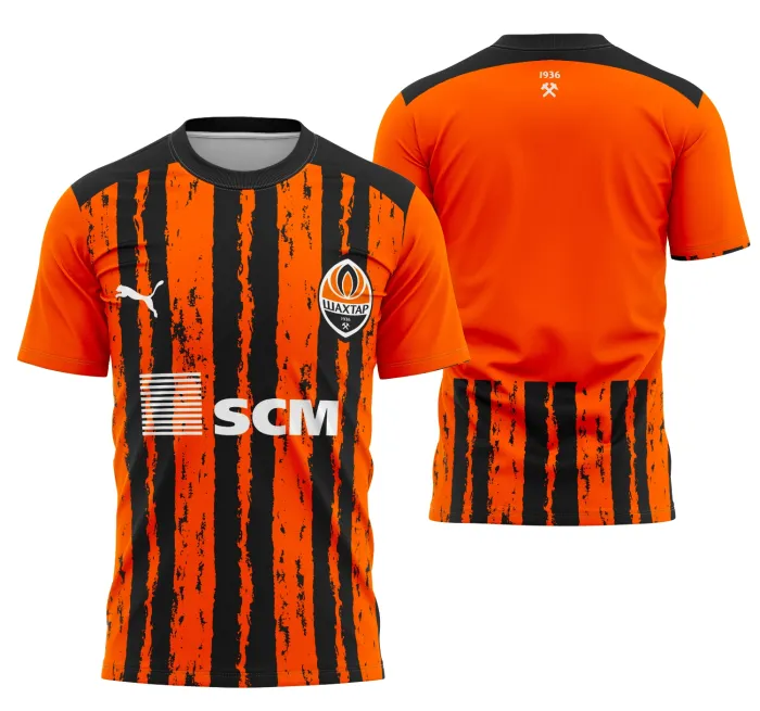 Camisa preta unissex com logo no peito e estampa grande nas costas do Shakhtar Donetsk Kit Casa 25-26, ideal para uso esportivo e torcedores do time.