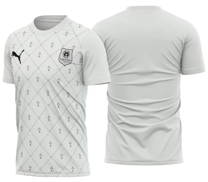 Foto de camiseta unissex preta com logo no peito e estampa grande nas costas do Stade Rennais Kit Away, perfeita para torcedores e colecionadores.