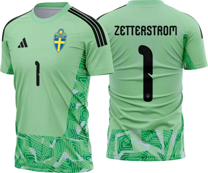 Camiseta unissex preta com logo no peito e estampa grande nas costas mostrando o goleiro da Suécia 2026-2028, visual moderno e estiloso para torcedores.