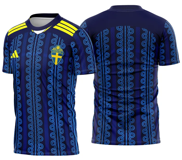 Camiseta unissex com cor base preta, logo no peito e estampa grande nas costas com tema Suécia Kit Away 2026 by Zaugrafic, design moderno e esportivo, perfeita para fãs e colecionadores.