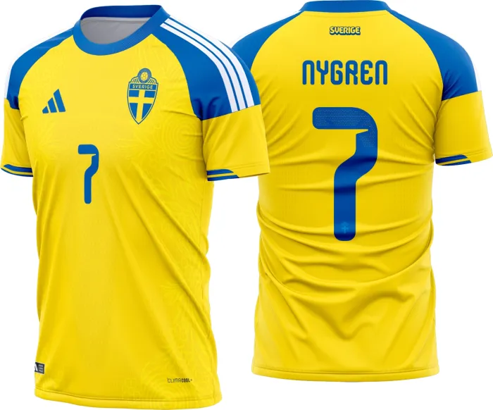 Camiseta unissex branca com logo no peito e estampa grande nas costas inspirada na camisa Suecia Titular 2026 2028, estilo moderno e vibrante ideal para torcedores apaixonados.