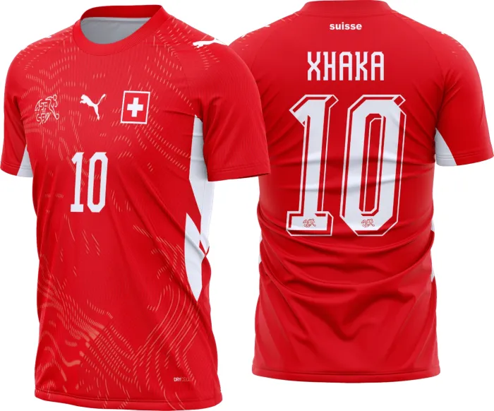 Camiseta unissex branca com logo no peito e estampa grande nas costas da seleção da Suíça titular 2026-2028, design moderno e vibrante para torcedores e fãs de futebol.