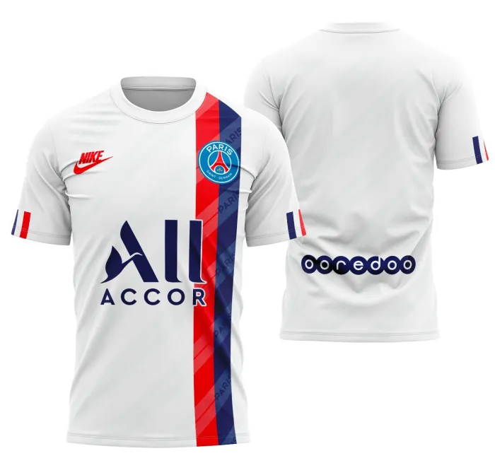 Camiseta unissex preta com logo no peito e estampa grande nas costas do tema Camisa Terceira Do PSG 2019-2020, ideal para fãs do time, com visual moderno e esportivo.