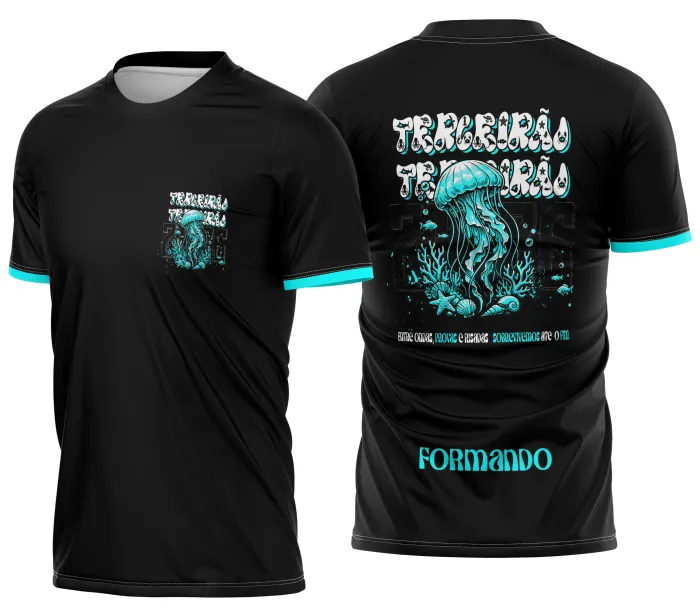 Camiseta unissex preta com logo no peito e estampa grande nas costas com tema Terceirão Água Viva Modelo 3, ideal para festas e reuniões de formatura.
