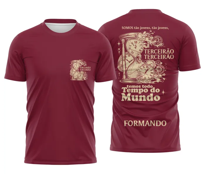 Camiseta unissex preta com logo no peito e estampa grande nas costas que representa Terceirão Ampulheta Tempo Perdido, design moderno e atraente para estudantes, ideal para ocasiões especiais.