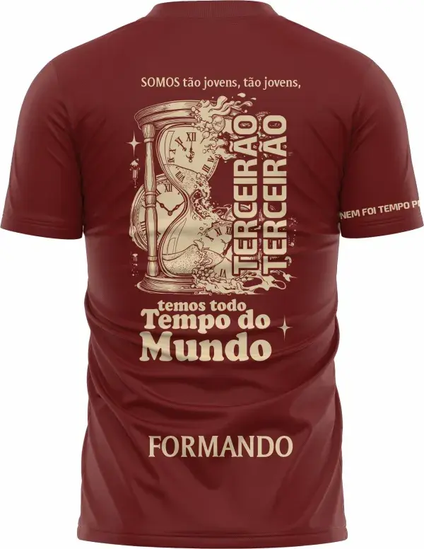 Camiseta unissex preta com logo no peito e estampa grande nas costas mostrando ampulheta e frase Tempo Perdido, design perfeito para turma do terceirão.