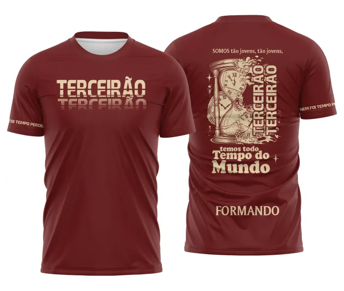 Camiseta unissex preta com logo no peito e estampa grande nas costas mostrando ampulheta e frase Tempo Perdido, design perfeito para turma do terceirão.