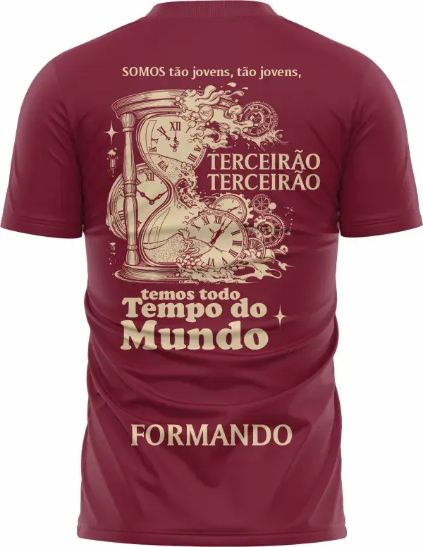Camiseta unissex preta com logo no peito e estampa grande nas costas que representa Terceirão Ampulheta Tempo Perdido, design moderno e atraente para estudantes, ideal para ocasiões especiais.