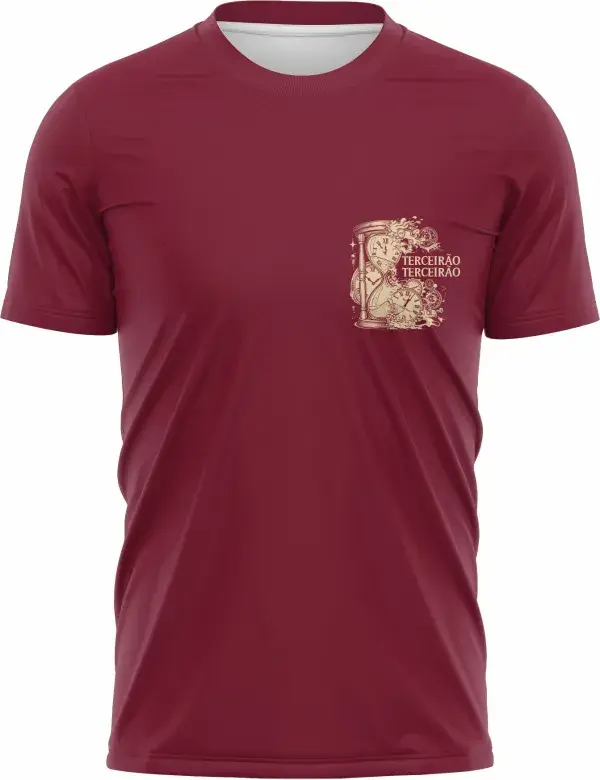 Camiseta unissex preta com logo no peito e estampa grande nas costas que representa Terceirão Ampulheta Tempo Perdido, design moderno e atraente para estudantes, ideal para ocasiões especiais.