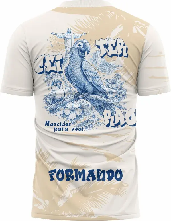 Camiseta unissex preta com logo no peito e estampa grande nas costas representando Arara Azul Rio Cristo, ideal para eventos de formatura e celebração do Terceirão.