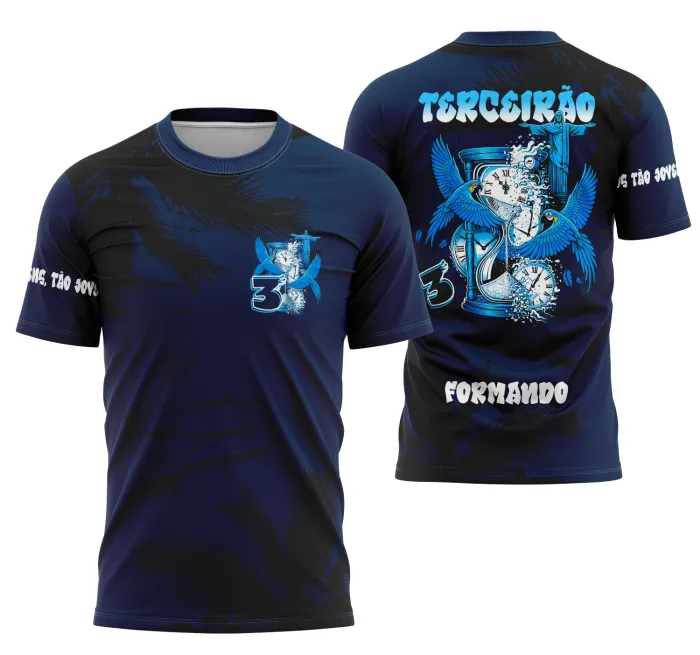 Camiseta unissex preta com logo no peito e estampa grande nas costas de uma arara azul voando, tema Terceirão; visual moderno e vibrante para estudantes.