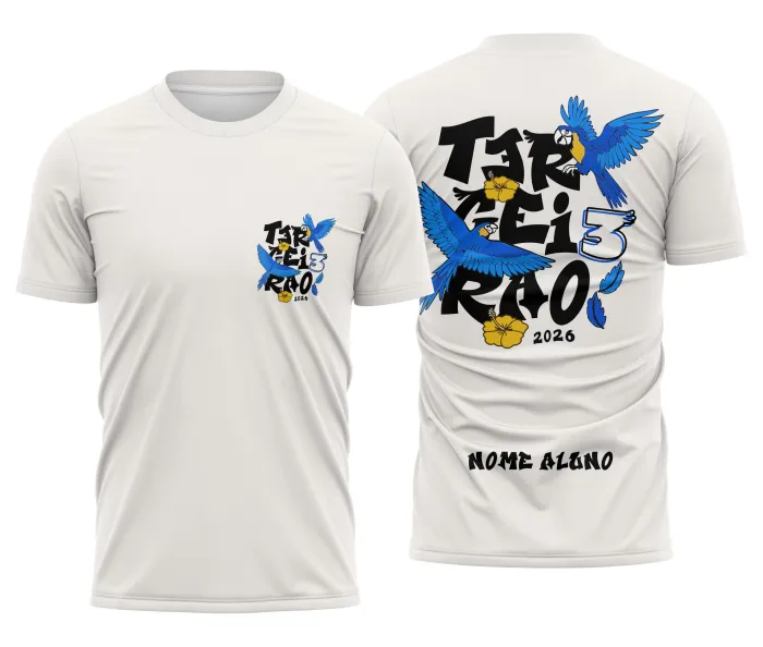 Camiseta unissex preta com logo no peito e estampa grande nas costas mostrando araras azuis voando, perfeita para quem quer estilo e identidade no visual escolar.