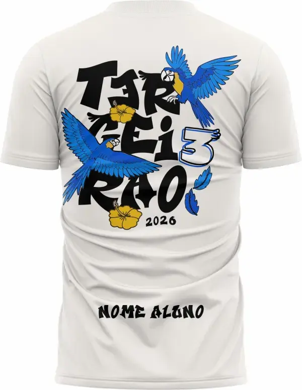 Camiseta unissex preta com logo no peito e estampa grande nas costas mostrando araras azuis voando, perfeita para quem quer estilo e identidade no visual escolar.