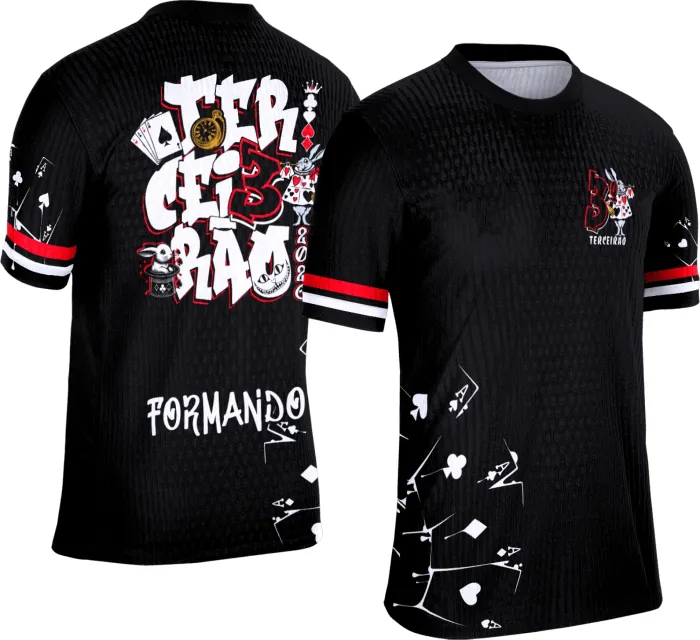 Camiseta unissex preta com logo no peito e estampa grande nas costas do tema Terceirão Cartas Baralho, ideal para turma de formatura e eventos escolares.
