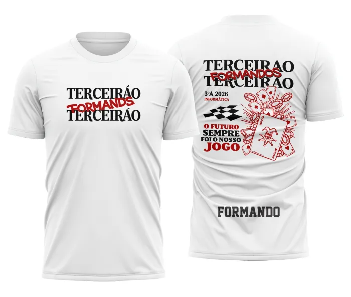 Camiseta unissex preta com logo no peito e estampa grande nas costas mostrando cartas Coringa no tema Terceirão, ideal para quem quer estilo e personalidade