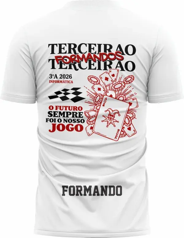 Camiseta unissex preta com logo no peito e estampa grande nas costas mostrando cartas Coringa no tema Terceirão, ideal para quem quer estilo e personalidade
