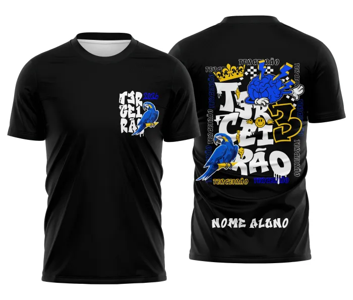 Camiseta unissex preta com logo no peito e estampa grande nas costas mostrando Coroa e Arara Azul, design inspirado no tema Terceirao Coroa e Arara Azul, perfeita para ocasiões especiais.