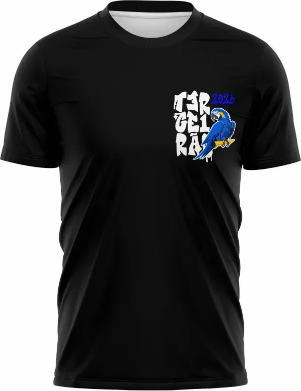 Camiseta unissex preta com logo no peito e estampa grande nas costas mostrando Coroa e Arara Azul, design inspirado no tema Terceirao Coroa e Arara Azul, perfeita para ocasiões especiais.
