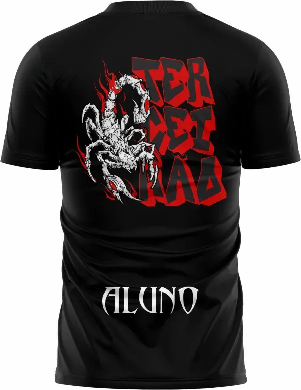 Camiseta unissex preta com logo no peito e estampa grande nas costas, temática Terceirão Escorpião, perfeita para estudantes que querem marcar a formatura com estilo.