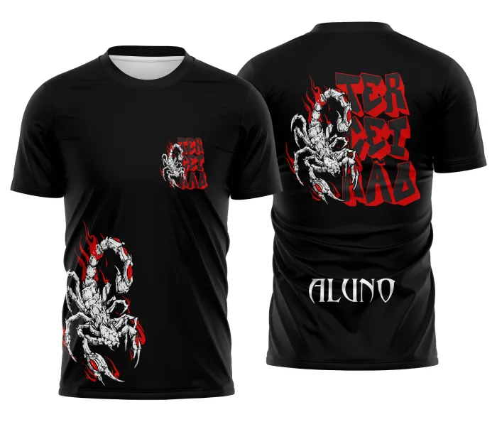 Camiseta unissex preta com logo no peito e estampa grande nas costas, temática Terceirão Escorpião, perfeita para estudantes que querem marcar a formatura com estilo.
